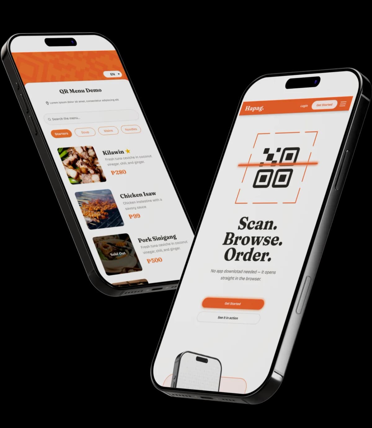 Two phone screens: the Hapag scan-browse-order hero screen and a QR menu demo.